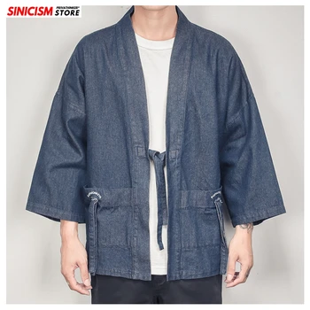 

Sincism Store Chinese Style Solid Kimono Men Denim Jackets 2020 Chinese Style Man Casual Denim Jackets With Belt oversized 5XL