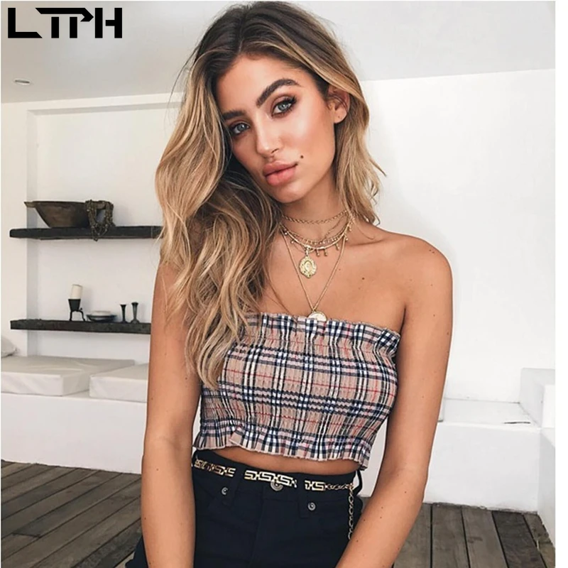 

2020 Summer Hot sale New Fashion Casual vest Short section lattice wrapped chest one Word Neck crop top woman clothes sexy tops