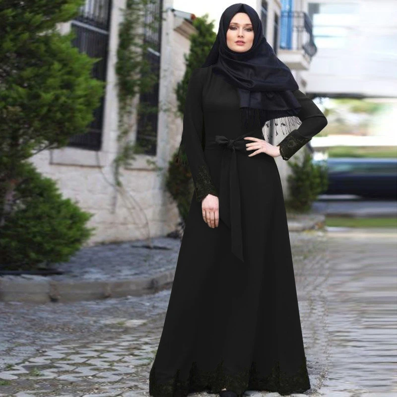 OTEN Moslemisches Abaya Frauen Kleid 2020 однотонное платье с поясом и кружевной каймой