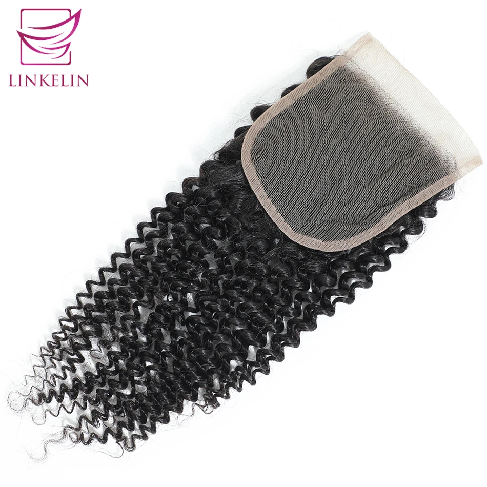LINKELIN HAIR Kinky Curly Closure 4*4 Free/Three/Middle Part Remy Human Hair Bundles 8-20 inch Swiss Lace Closure Nature Color