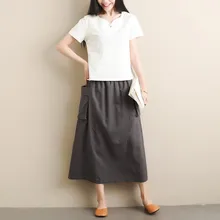 Женская Ретро оригинальная льняная Повседневная Однотонная юбка до середины икры, Повседневная Свободная летняя юбка с разрезом# G3