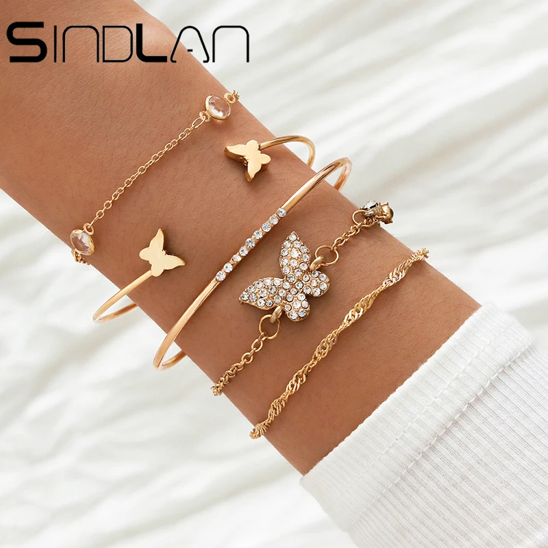 Indlan 5Pcs Boho Simple Gold Color Smooth Open Bangle Bracciale Set Per Le Donne Kpop Full Crystal Butterfly Wrist Jewelry Pulsera