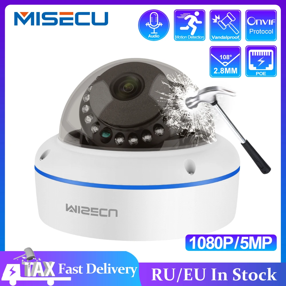 MISECU Super HD 5MP 2MP H.265 de vigilancia IP Cámara POE 1080P Audio micrófono interior de la cámara de seguridad de correo electrónico Push ONVIF P2P