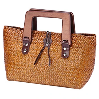 

Thai Version Of The Hand-Woven Bread Straw Bag Woven Bag Wooden Handle Retro Ladies Handbag Beach Bag