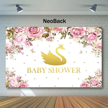 

NeoBack Baby Shower Backdrop Golden Swan Crown Baby Shower Photography Backdrops Watercolor Flower Decor Background Photography
