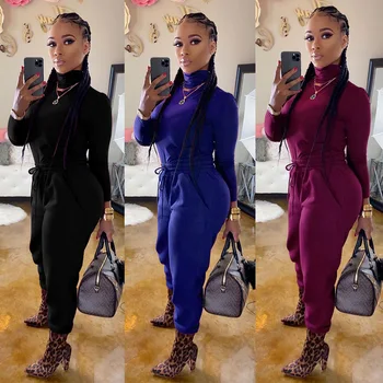 

Womens Tracksuit Set Suit Turtleneck Long Sleeve Bandage Self-cultivation Pocket Long Pants Two Piece Set Casual Women Outfits