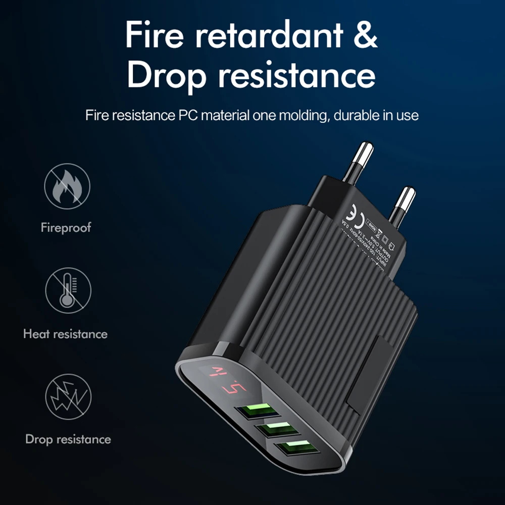 3 Порты USB Зарядное устройство для IPhone Зарядное устройство светодиодный Дисплей USB 5V 3A быстрой зарядки стены Зарядное устройство для IPhone samsung Xiaomi 2.4A Зарядное устройство