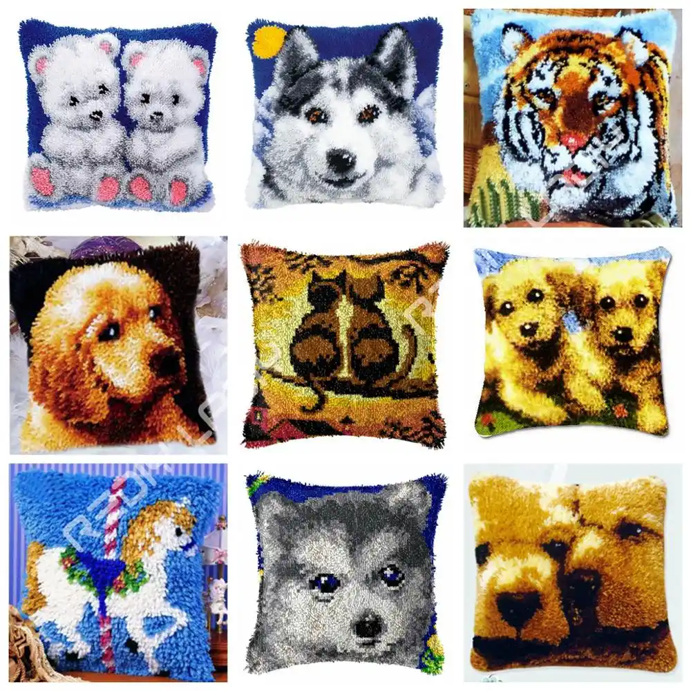 Latch Hook Wolf Cubs Cushion Cover Diy Crocheting Yarn Pillow Case