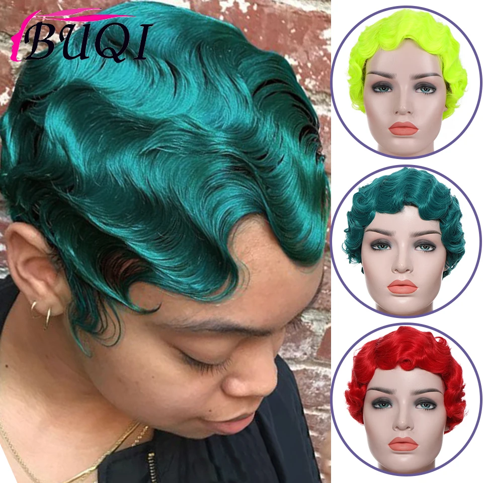 Descuento BUQI-peluca sintética rizada para mujeres negras, pelo corto Retro con ondas en los dedos, rojo, rosa, dorado, verde, negro, para fiesta de Cosplay, 1920s 7WJoR3Dn9Ng