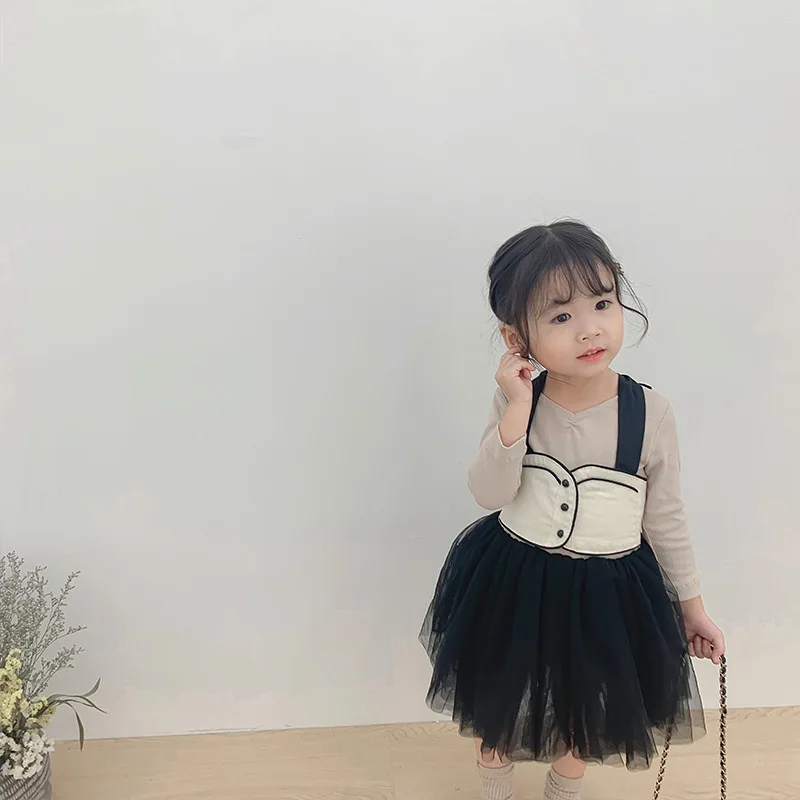 Новое весенне-осеннее платье принцессы с длинными рукавами для маленьких девочек Детские платья для выступлений, два предмета кружева