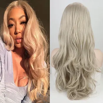 

Bombshell Platinum Grey Synthetic 13*3 Lace Front Wig Glueless Natural Wave Heat Resistant Fiber Hair Middle Parting For Women