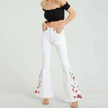 

White Stretch Floral Embroidered Jeans Woman High Waist Big Bell Bottom Jeans For Women Mom Plus Size Wide Leg Flare Jeans Denim