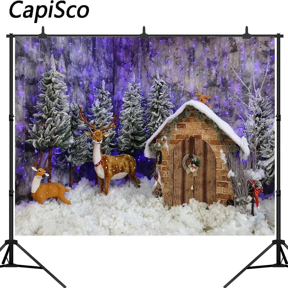 

Capisco Photography Background Winter Wooden house elk Snowflake Christmas Tree Flash Decoration Backdrops Photo Studio prop
