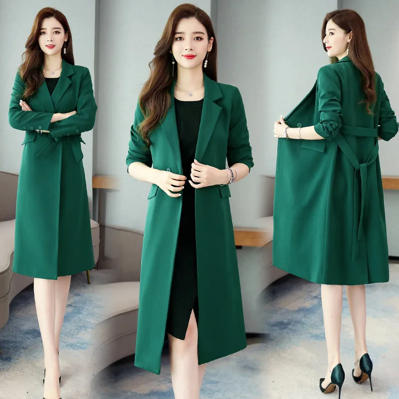 

2019 Autumn New Style Korean-style Solid Color Simple Fashion over-the-Knee Mid-length Trench Coat Lace-up Waist Hugging WOMEN'S