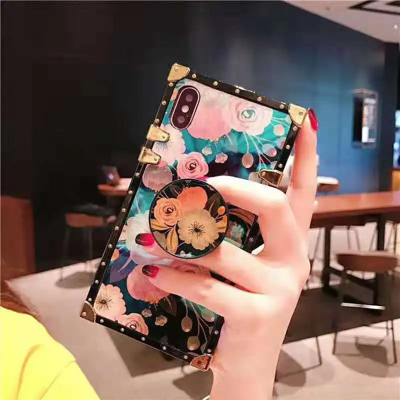 Luxury Blue Ray Flower Rose Square Silicone Holder Phone Case for iphone XR XS Max X 11 6 s 7 8 plus for samsung S9 S10 Note 10 (8)