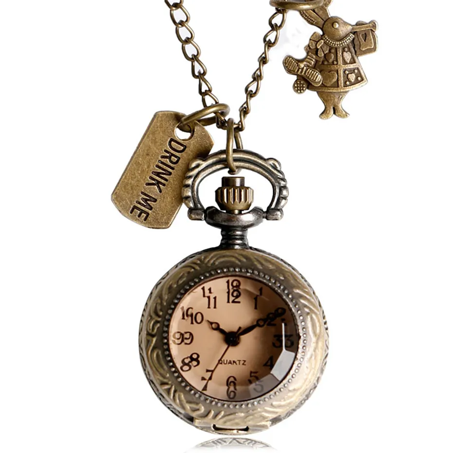 Small Size Alice In Wonderland Theme Pendant Necklace Watch Quartz Pocket Clock with Drink Me Rabbit Accessory Kids Gift
