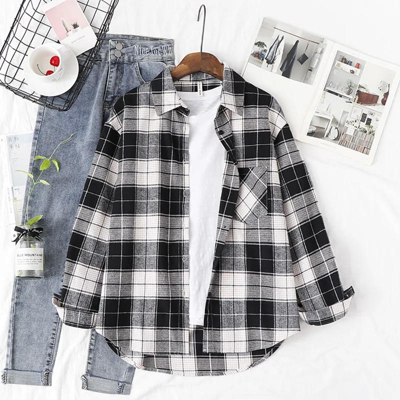 Fashion Women Plaid Shirt Chic Oversized Checked Blouse Long Sleeve Female Casual Print Shirts Loose Cotton Tops Blusas