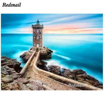 

5D DIY Diamond Painting Seaside Lighthouse Picture Of Rhinestone Square round Diamond Mosaic Diamond Embroidery Home Decor EE127