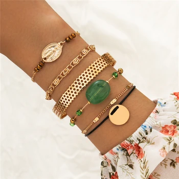 

6PCS/Set Gold Link Chain Bracelets For Women Green Natural Stone Bracelets Set Women's Gold Charm Bracelets Boho