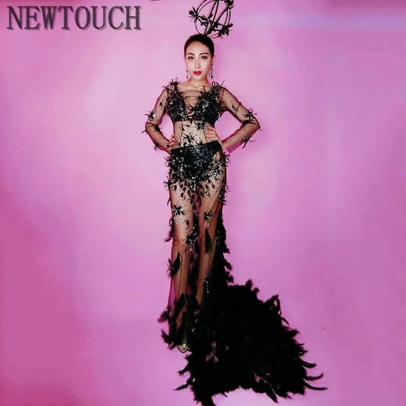 Fashion Design Black Flowers See Through Long Dress 3D Pattern Mesh Stretch Birthday Party Dress Women Singer Performance Costum