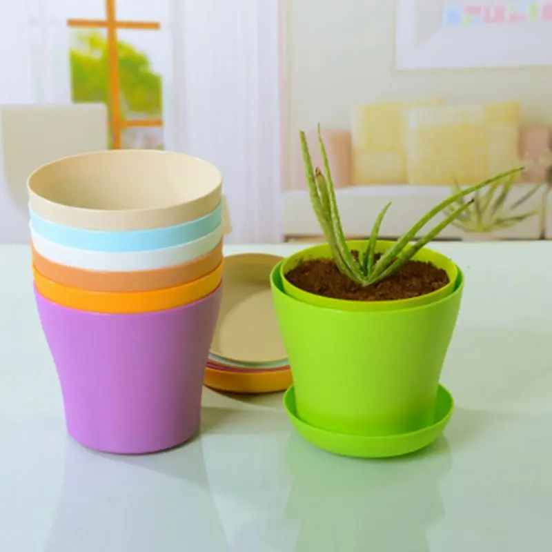8 Pcs 4 inch Small Plant Pots Colorful Plastic Flower Pots Indoor Plant Pots for Office House Desk with Pallet/Trays(Blue,purpl