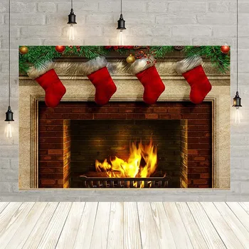 

Avezano Christmas Fireplace Socks Home Decor Birthday Party Baby Shower Burning Wallpaper Backdrop Photo Background Custom