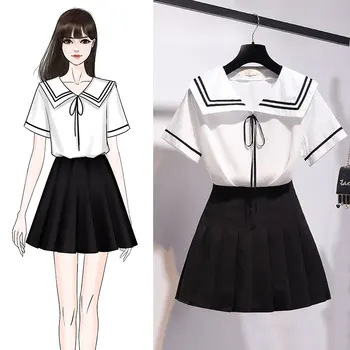 

Female Tie Shirt 2020 Summer White Short Sleeve Top Pleated Mini Skirt Skater School Cute Women's suit Dress