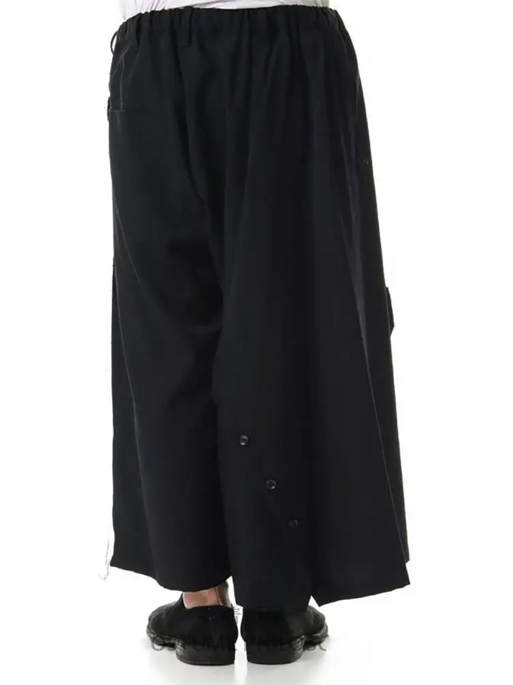 Men's new casual wide-leg pants culottes irregular asymmetric button design of urban youth fashion black