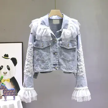 

Denim Jacket Women Spring And Autumn 2020 New Lace Stitching Flower Embroidery Loose Short Denim Clothing Female Coat