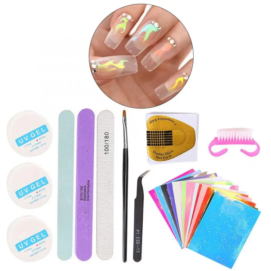 Manicure Set Nail Art Flame Pattern Stickers Nail File UV Gel Tweezers DIY Manicure Tool Set Acrylic Nail Kit