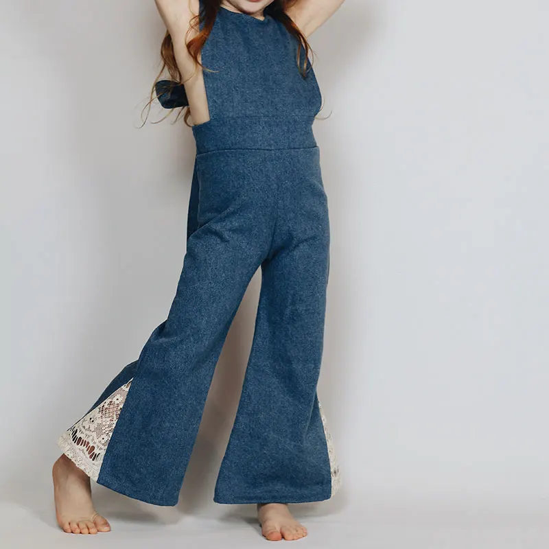 

3-7T Autumn Children Girl Fashion Cowboy Suspender Pants Children Backless Bowknot Lace Design Pants Overalls Trousers 3-7T