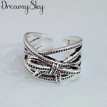 

DreamySky New Trendy 925 Sterling Silver Large Bow Rings For Women Men Boho Vintage Jewelry Adjustable Size Finger Rings