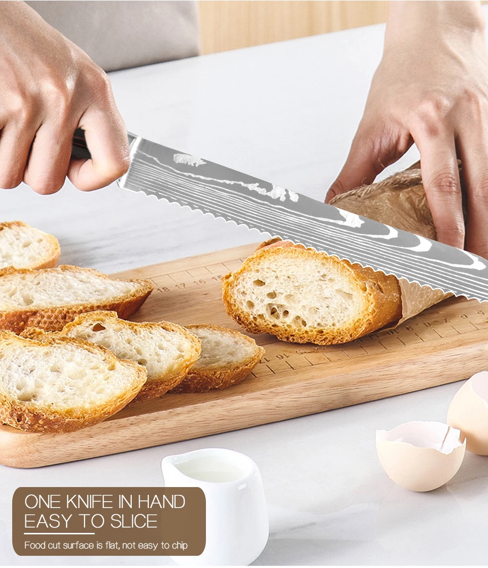 8-дюймовый кухонный хлебный нож ребристый материал Лазерная Дамаск Нержавеющая сталь лезвие ножей шеф-повара чизкейк резак инструмент для выпечки хлеба Ножи