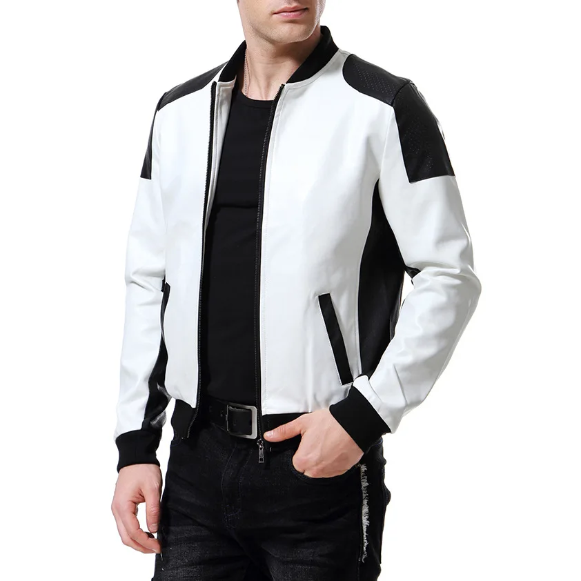 

2019 Autumn New Style Casual Men Stand Collar Leather Coat Black And White Mixed Colors Large Size Leather Coat Y668