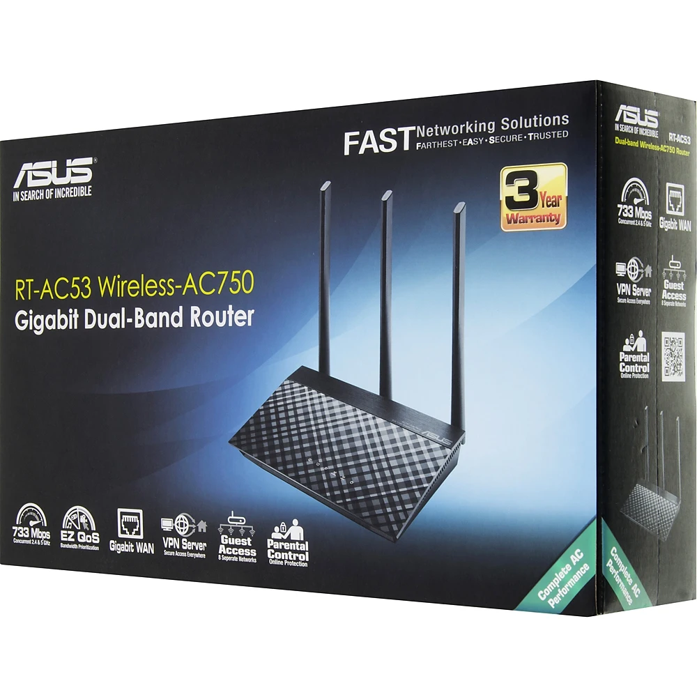 Роутер беспроводной Asus RT-AC53 AC750 10/100/1000BASE-TX черный