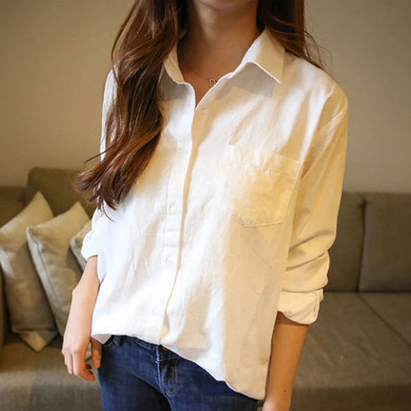  New Autumn Casual Loose Women Shirts Plus Size Turn-down Collar Blouse Long Sleeve Cotton Linen Whi