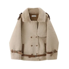 

MOLAN Winter New Woman Chic Overcoat Leather Patchwork Streetwear Lambs Wool Fashion Winter Jacket Warm Loose Female Outwear