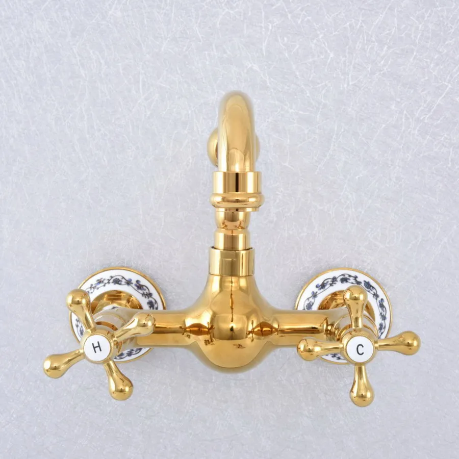 Gold Polished Double Handle Swivel Spout Kitchen Mixer Faucets Solid Brass Basin Mixer Faucet with Ceramic Crane Ksf619