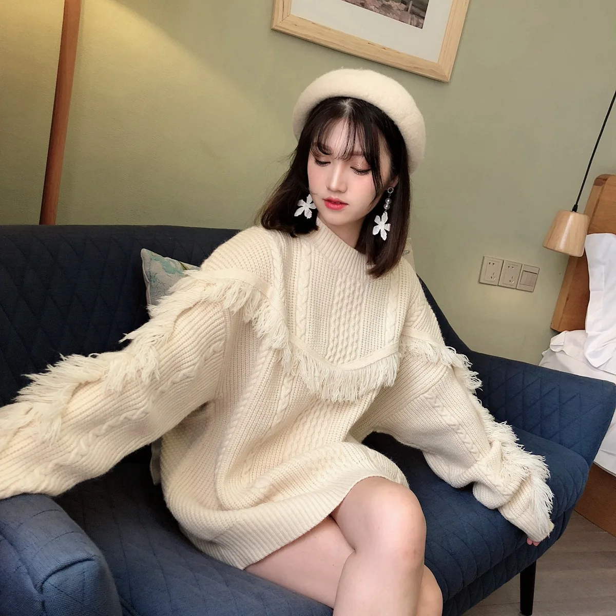 Neploe Pull Femme с кисточками, длинный рукав, негабаритный свитер, корейский вязаный пуловер с круглым вырезом, Осень-зима, женская одежда 54272