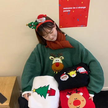 

Christmas Hoodies Sweatshirts Women O Neck Santa Claus Deer Embroidery Pullover Long Sleeve Patchwork Autumn Winter Outwear W272