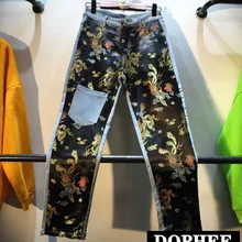 Европейский стиль, новинка, Ретро стиль, с принтом дракона и феникса, сатиновые джинсы с высокой талией, женские узкие синие джинсовые штаны