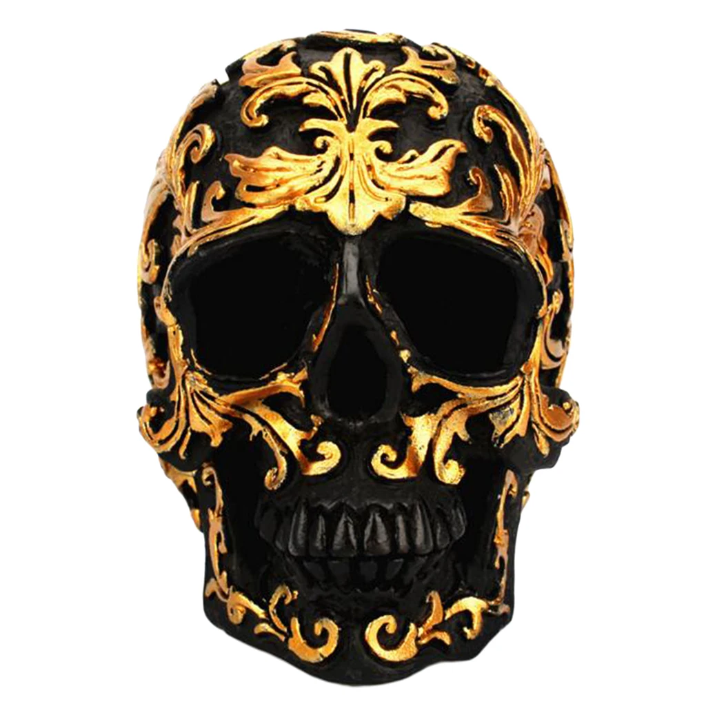 Resin Halloween Resin Skull Statue Skull Head Sculpture with Golden Flower Sign, Suitable for Home Office Table Decoration