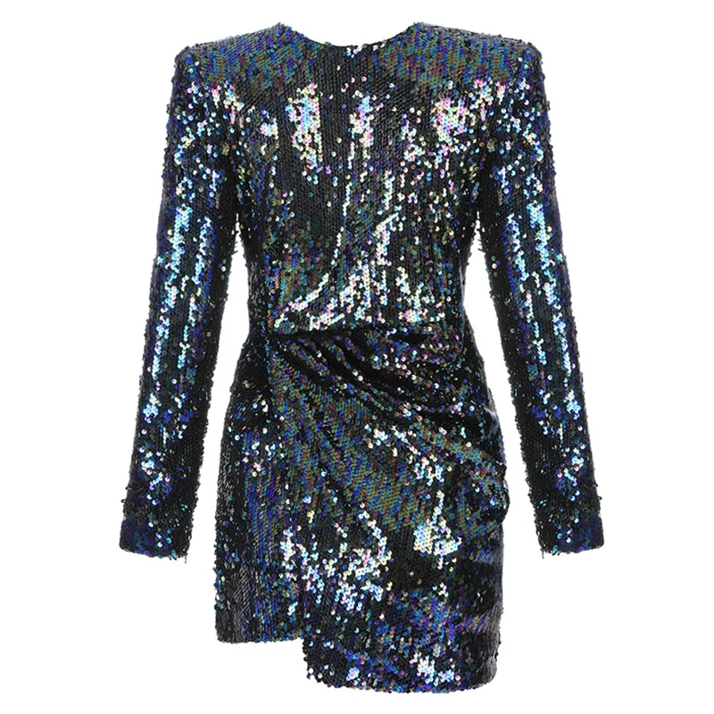 Max Spri, новая мода, Vestidos, женские вечерние платья с круглым вырезом, с блестками, с длинным рукавом, на молнии сзади, с неровным подолом, Драпированное мини-платье