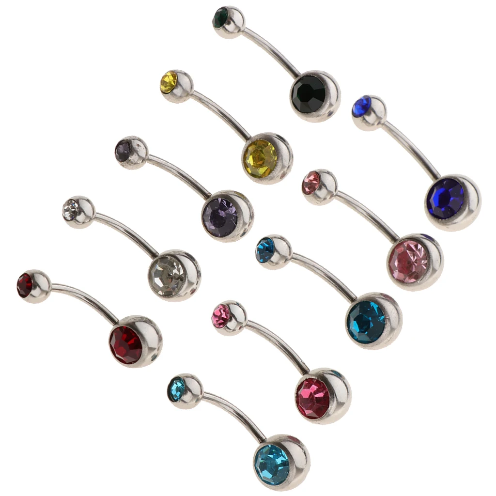 10Pcs - VALUE PACK - Navel Ring Barbell Crystal Rhinestone Belly Button Ring Bar Piercing 18g Gauge