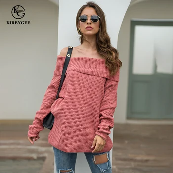

KirbyGee Loose Vintage Red Pullover Women Off Shoulder Plus Size Knitted Sweater Autumn Winter Long Sleeve Knit Sweater Tops