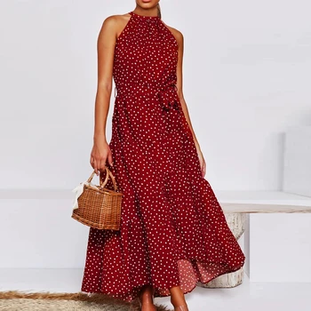 

Summer Elegant beach maxi Dress Women 2020 Sexy Fashion Print Polka Dot Halter Lace Up Sleeveless Ladies dress women vestidos