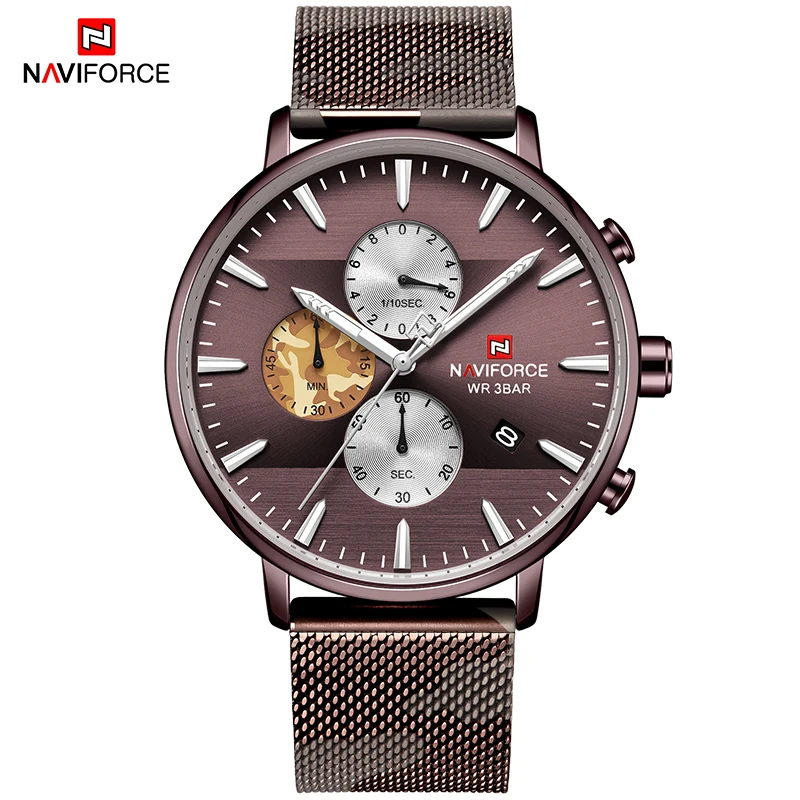 NAVIFORCE кофейные наручные часы Мужские лучший бренд класса люкс хронограф из нержавеющей стали сетки мужские наручные часы водонепроницаемые кварцевые спортивные часы - Цвет: CFCE