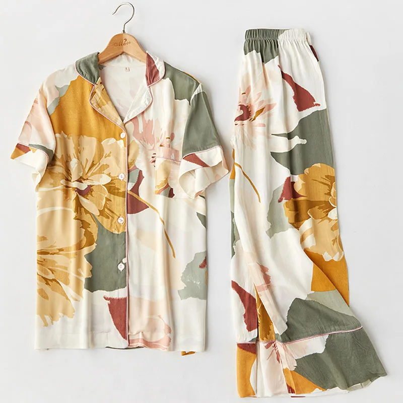 Short sleeve Femme Пижамный костюм с цветочным принтом и длинными рукавами, 2 предмета, рубашка+ штаны, ночная рубашка, повседневная женская пижама, комплект, одежда для сна хлопок - Цвет: Short sleeve