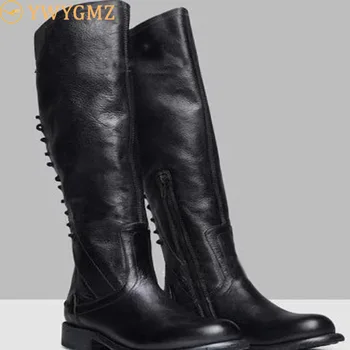 

BLWBYL Flat Women's Boots Lace Up Leather Boots Round Head Winter Boots Retro Plus Size Square Heel Woman Shoes