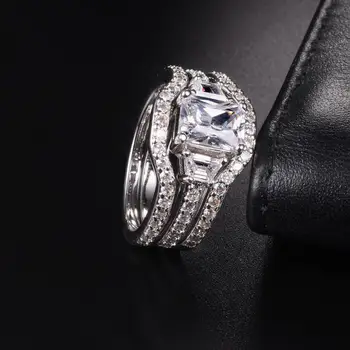 

Luxury Three-stone Simulated Diamond rings sets Jewelry 3-in-1 vintage 14KT White gold Plated Wedding Bride Rings for Women